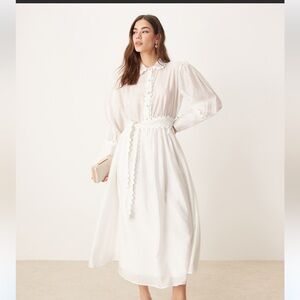 NWT Sister Jane Skipper Trim Midi Dress White Embellished Button Scalloped Med